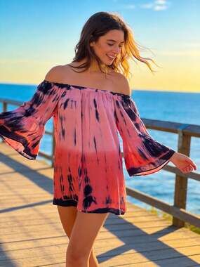 Seven Islands Pink and Blue Tie Dye Off-the-Shoulder Bell Sleeve Tunic Dress